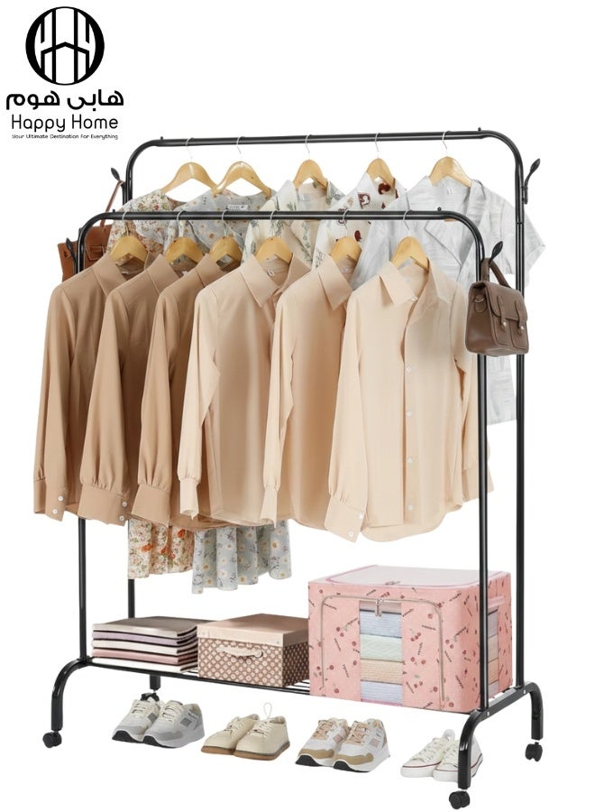 Happy Home Heavy-Duty Garment Rack with Wheels and Double Hangers, 35Kg Load Capacity, Side Hooks and Bottom Shelf for Shoes & Bags, Rust-Resistant Sturdy Metal Design, Perfect for Bedroom, Living Room, Hallway, or Balcony, Ideal for Clothes Organization and Drying, Dimensions: W 102 cm × D 39.8 cm × H 122–142 cm - Image 1